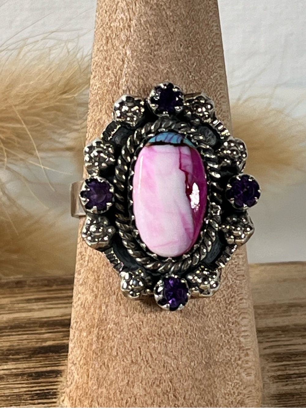925 Solid Sterling Silver Turquoise Pink Dahlia Amethyst Gemstone Ring Size 8.75
